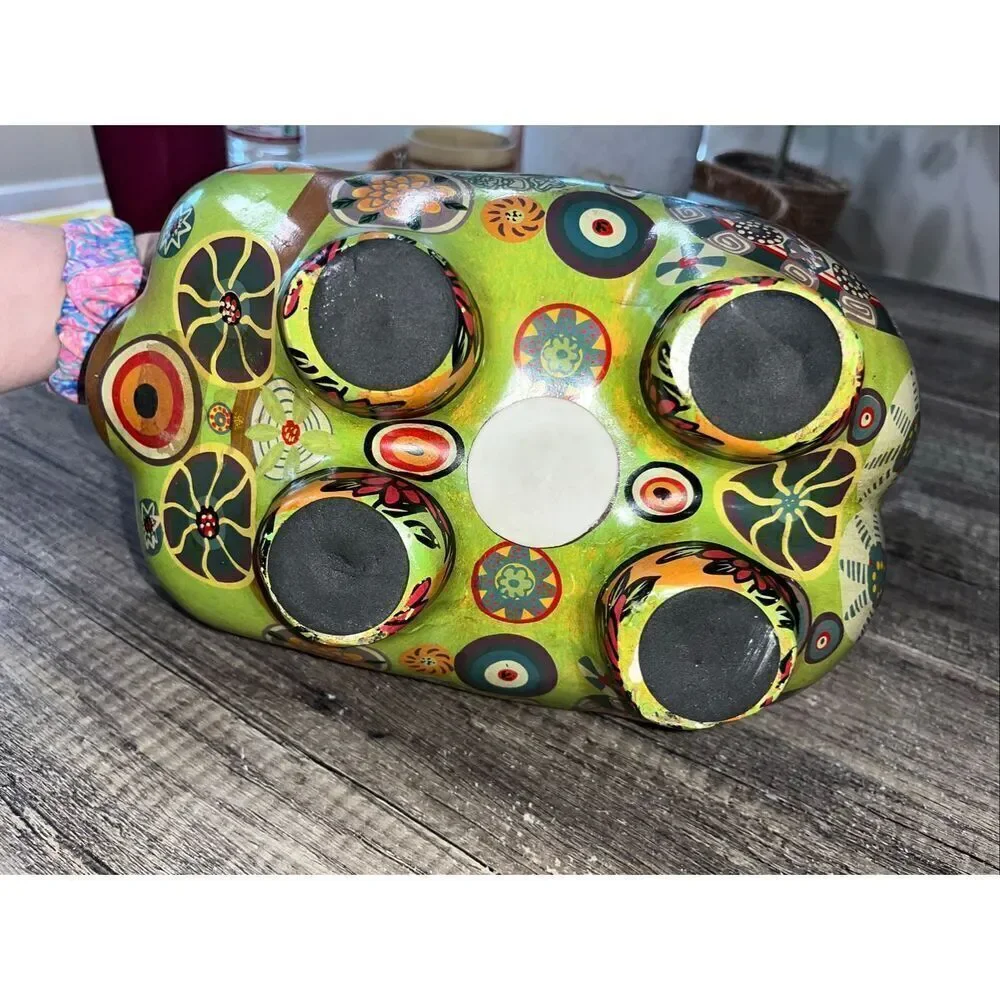 Vintage Folk Art Ceramic Mexican Pottery Piggy Bank Painted Old Retro Flowers 60